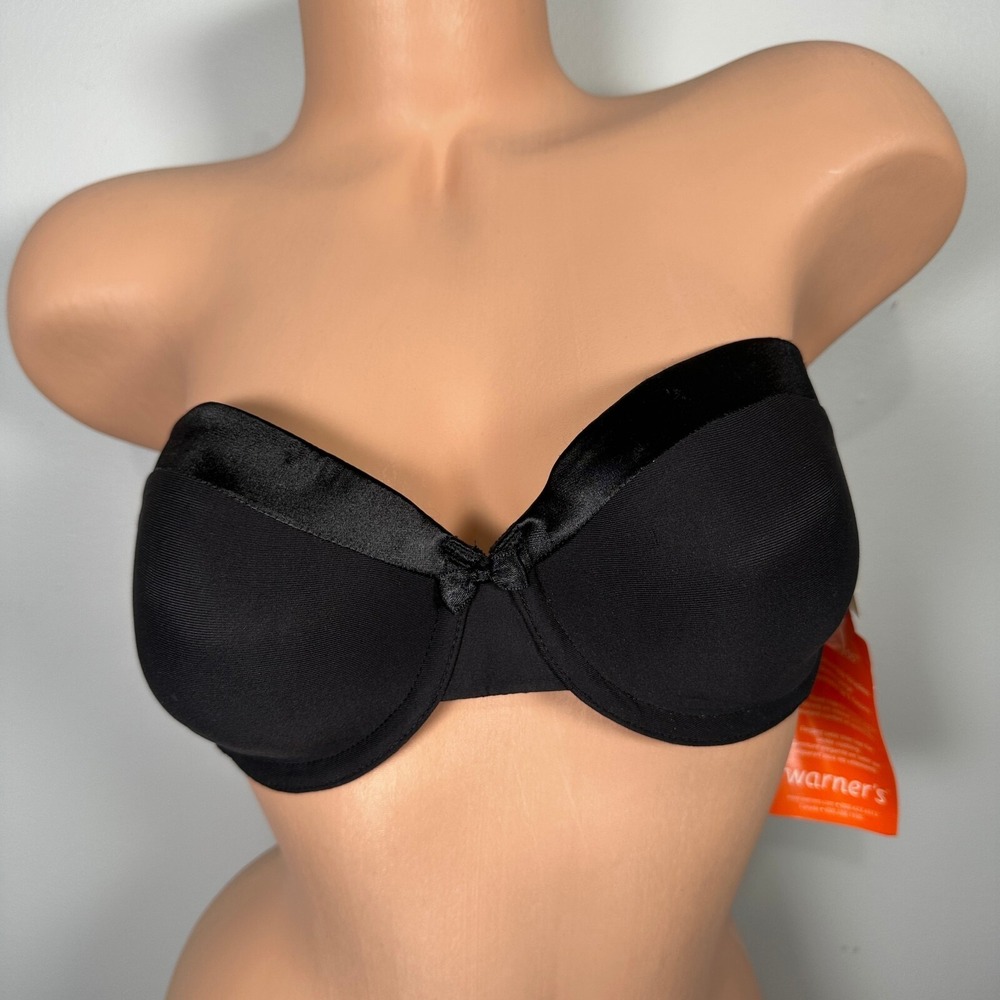 NWT Warners Strapless Bra 34D 01123 5 Way Convertible Black‎ Satin Tuxedo